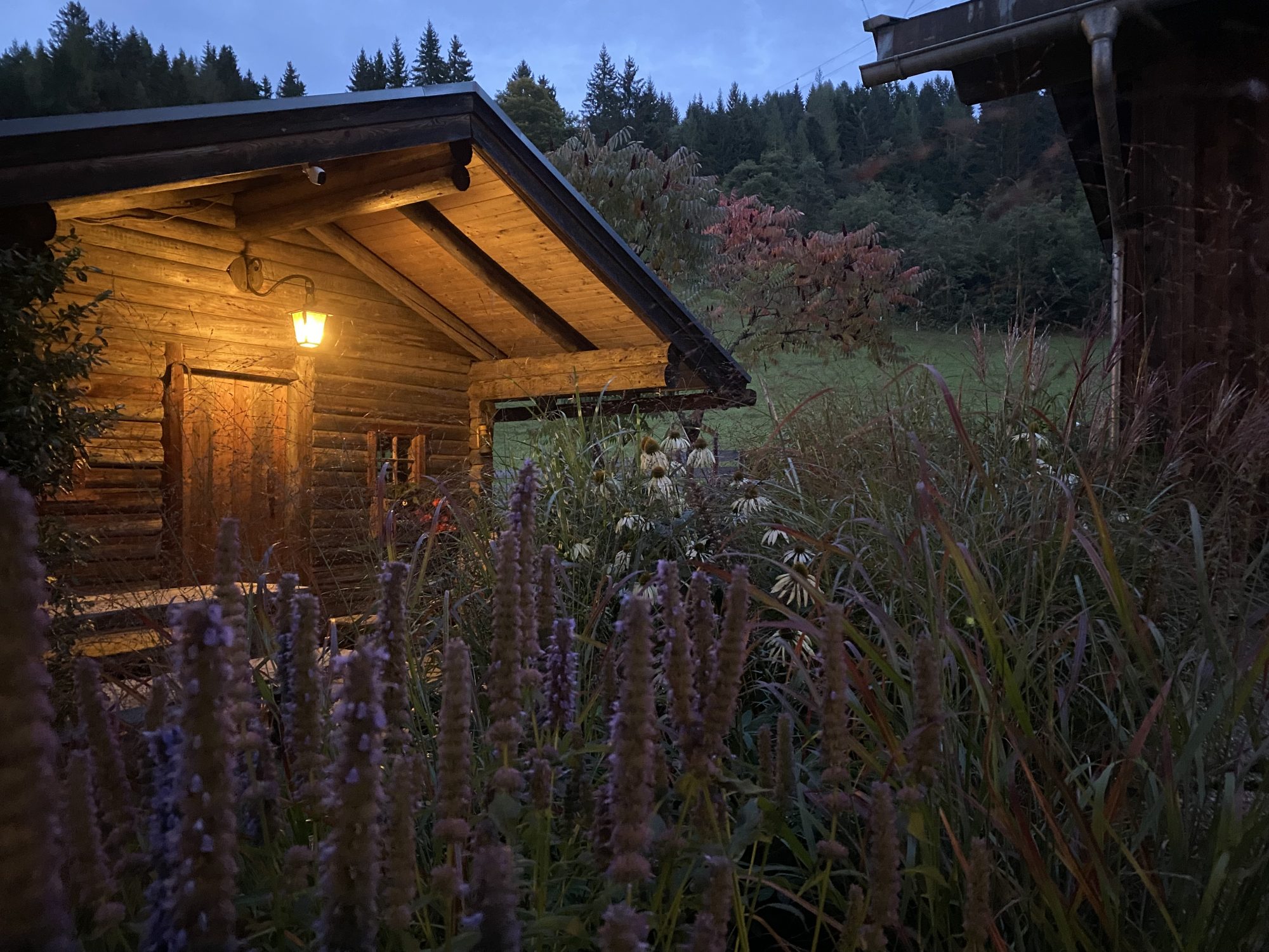 Die Gartenhütte in der späten Dämmerung.