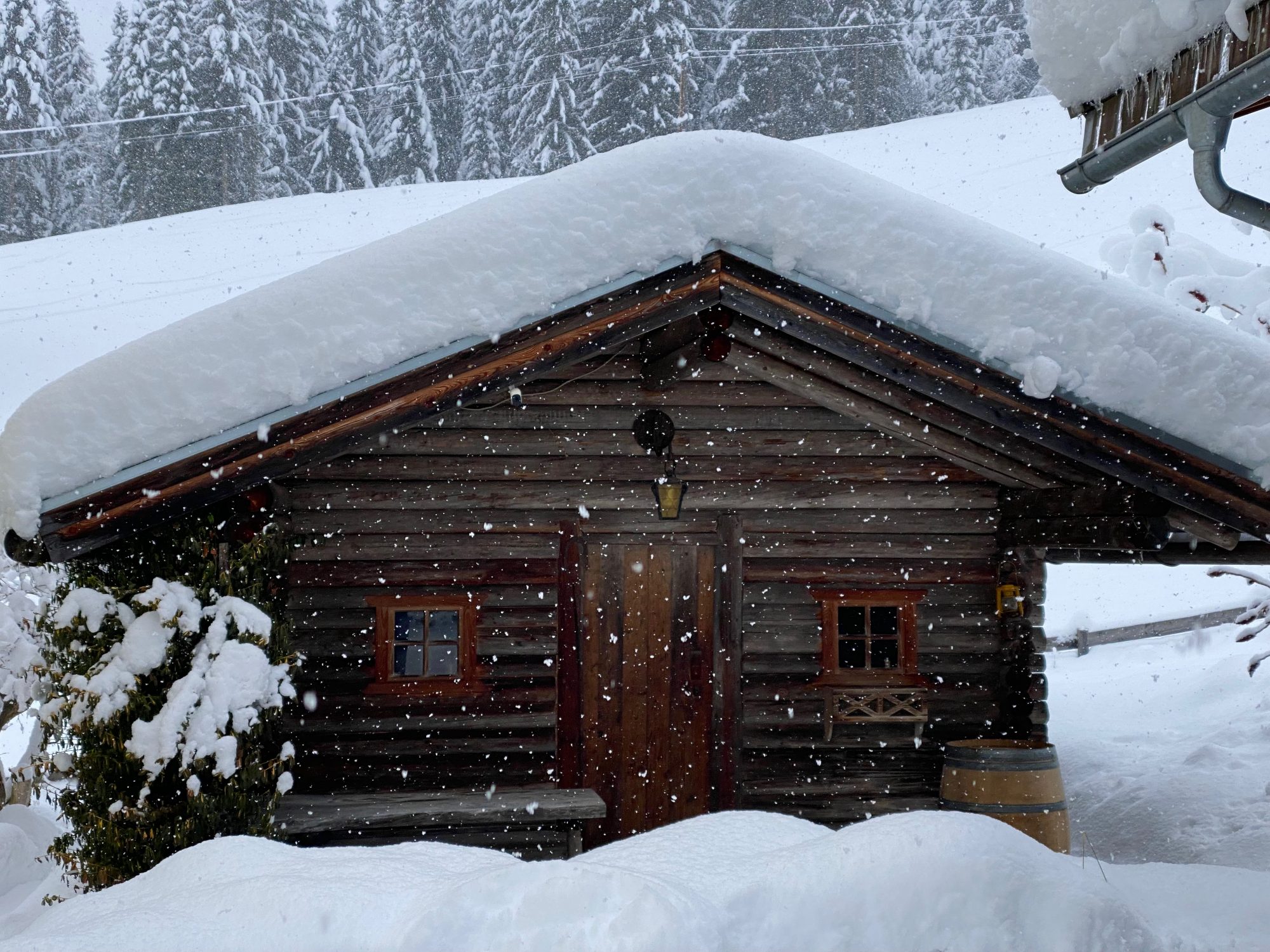 Die Gartenhütte im tiefen Winter.