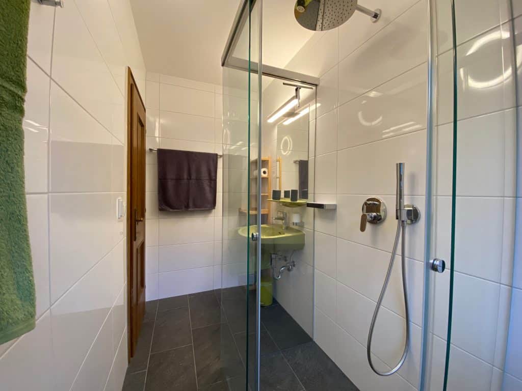 Bathroom in the Kitzstein flat with new walk-in rain shower.